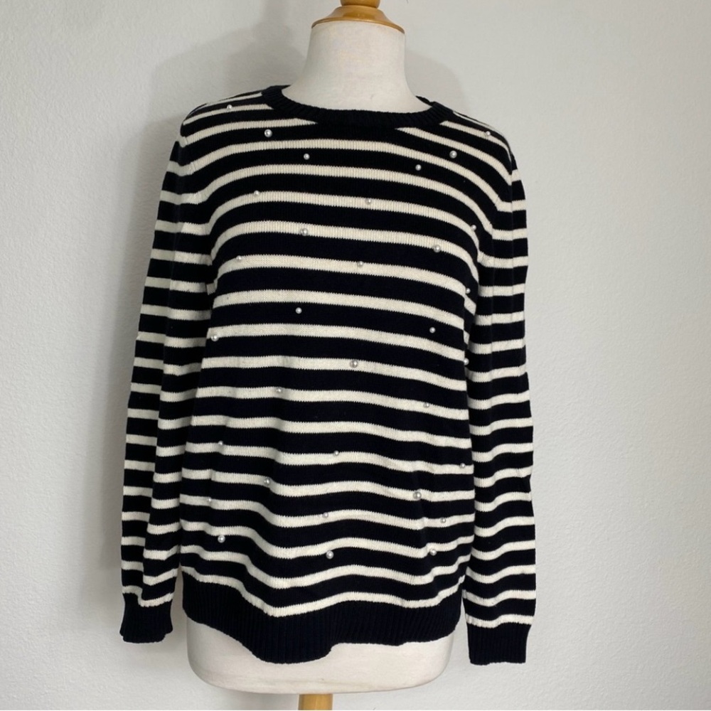 INC Women's Black Cream Stripe Faux Pearl Crew Knit Sweater Size Medium Classic